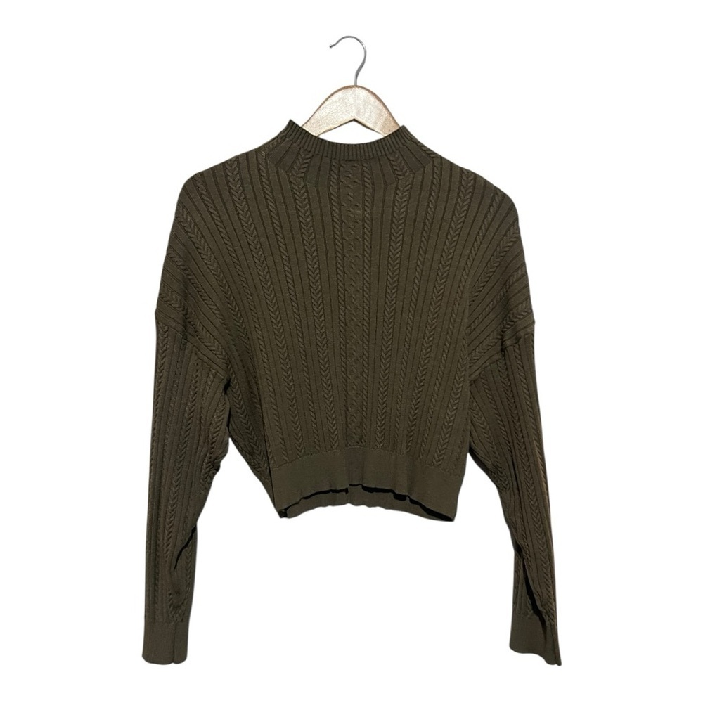 Point Women's Cable Knit Sweater Olive Green Cropped Long Sleeves Size XS/S